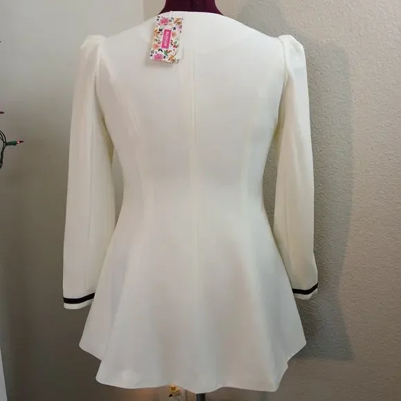 Blingor White Midi Coat with black bows L NOS fitted anime style - Picture 3 of 15